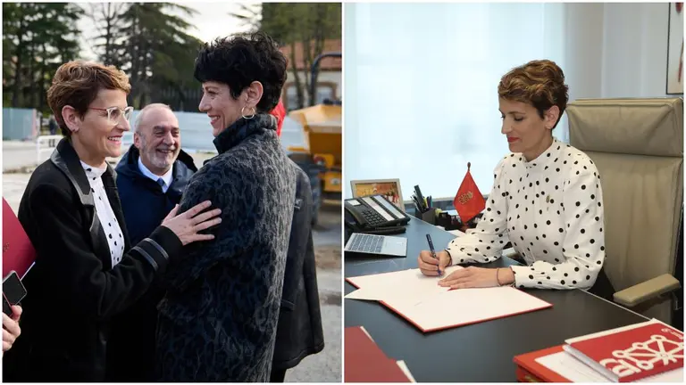 María Chivite ha organizado un acto de propaganda electoral (izquierda) y acto seguido a firmado el decreto de convocatoria de elecciones (derecha). LASAOSA / GOBIERNO DE NAVARRA