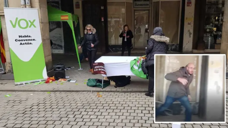 Captura del agresor huyendo del lugar tras agredir a miembros de Vox en Estella. En el fondo, aspecto de cómo quedó la carpa tras los destrozos. CEDIDA