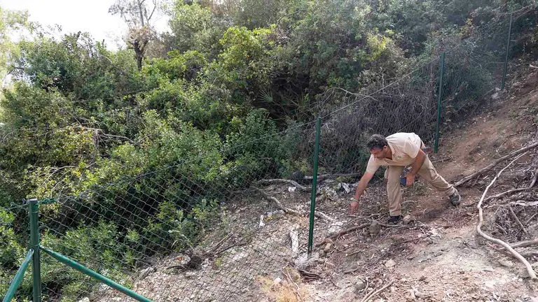El jardinero Bartolomé Gallego, que encontró en la localidad malagueña de Benahavís el pasado lunes el cráneo de una mujer que podría llevar muerta unos quince años, señala el lugar exacto donde apareció y ha dicho que pensó en un primer momento que era una pelota. EFE/Daniel Pérez