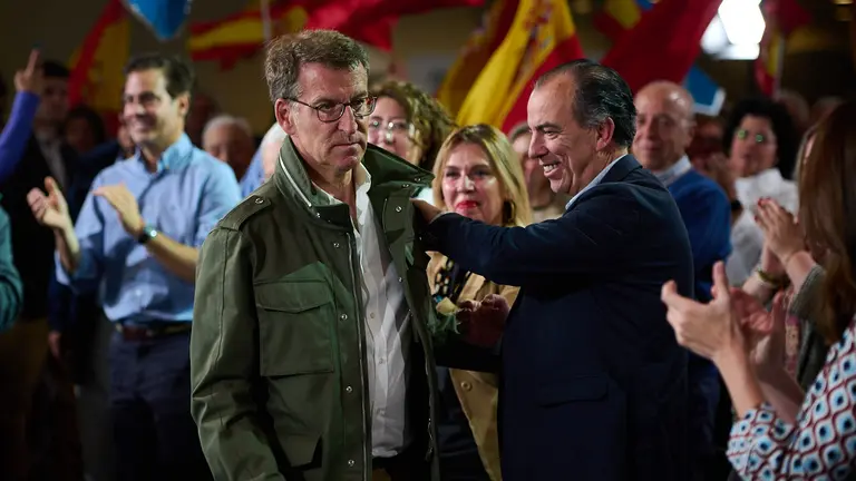 Acto central de campaña del PPN con la intervención el presidente del PP, Alberto Núñez Feijóo, y los candidatos a la Presidencia del Gobierno de Navarra y la Alcaldía de Pamplona, Javier García y Carlos García Adanero. PABLO LASAOSA