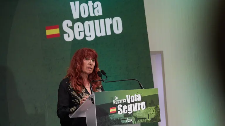 Acto electoral de Vox Navarra. con la participación del presidente del partido, Santiago Abascal, junto a las candidatas al Ayuntamiento de Pamplona, María Estévez; y al Parlamento de Navarra, Maite Nosti, en el Hotel Iruña Park de Pamplona. IÑIGO ALZUGARAY