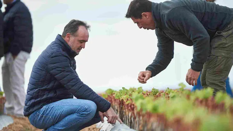 El candidato de UPN, Javier Esparza se ha referido a la actualidad agraria y ganadera en su acto de campaña. En la imagen, a los pies de los cultivos. UPN