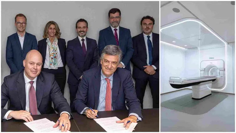 A la izquierda, Joseba Campos, director general de la Clínica y Ardie Ermers, vicepresidente de Elekta para Europa. A la derecha, el acelerador lineal con resonancia magnética
integrada. CLÍNICA UNIVERSIDAD DE NAVARRA