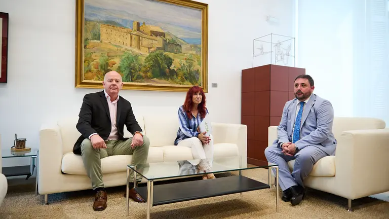 El presidente del Parlamento de Navarra, Unai Hualde, en ronda de consultas con los parlamentarios de VOX, Maite Nosti y Emilio Jiménez para estudiar la posibilidad de proponer una candidatura a la Presidencia del Gobierno foral. PABLO LASAOSA