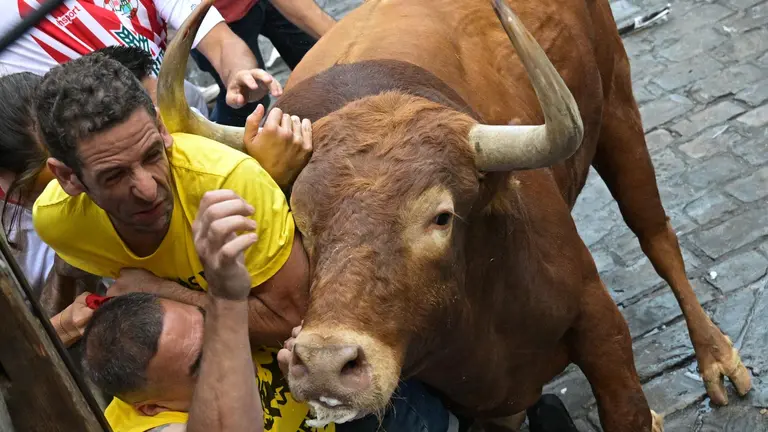 Tercer encierro de San Fermín 2023 con toros de Cebada Gago en el tramo de Telefónica. EFE - Daniel Fernández (4)