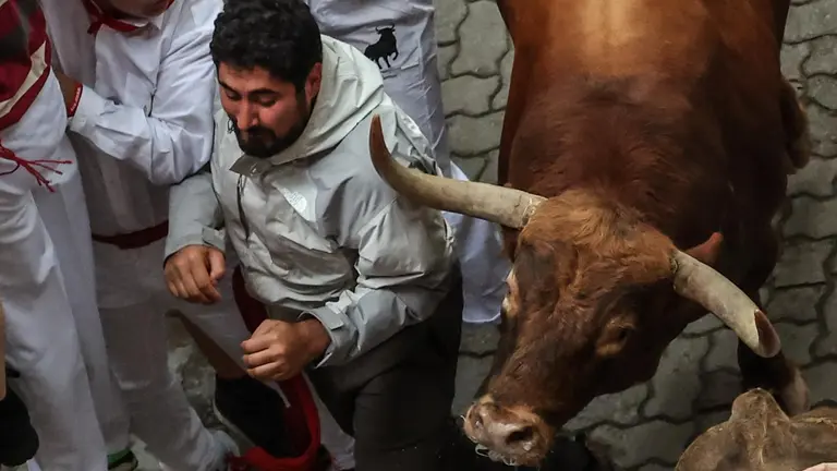 Un toro de la ganadería de Núñez del Cuvillo en el tramo posterior a la Cuesta de Santo Domingo durante el quinto encierro de los sanfermines 2023, este martes. EFE/Villar López