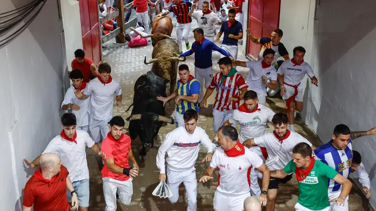 Quinto encierro de San Fermín 2023 con toros de Núñez del Cuvillo en el callejón. EFE - Rodrigo Jiménez (2)