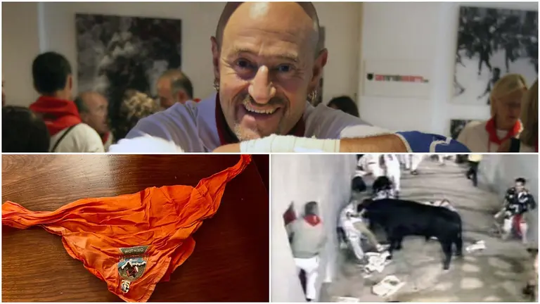 Julen Madina, junto a una foto del pañuelo que ha aparecido 19 años después de su terrible cogida con toros de Jandilla un 12 de julio de 2004.