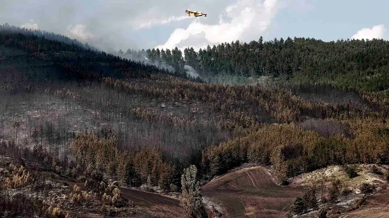 GRAFCAV1187. OLLOKI, 14/07/2023.-  Un hidroavión suelta agua sobre un incendio forestal originado este viernes, minutos antes de las 15 horas, entre las localidades de Alzuza y Olloki. La columna de humo se ha hecho pronto visible desde toda la Cuenca de Pamplona y Bomberos de Navarra trabajan ya en la zona para tratar de contener las llamas. EFE/ Jesús Diges
