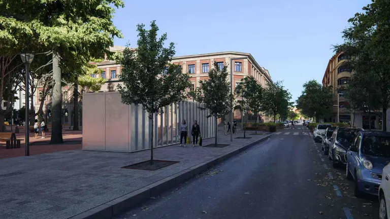 Calle Sangüesa junto a la Plaza de la Cruz, donde ya han comenzado las obras de construcción de un nuevo párking subterráneo. AYUNTAMIENTO DE PAMPLONA