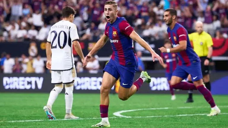 El jugador del Fútbol Club Barcelona Fermín López celebra su gol ante el Real Madrid en Dallas. FC BARCELONA