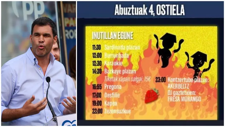 El presidente del PP de Navarra, Javier García, junto al cartel del 'Día del Inútil' de Etxarri Aranatz en el que salen dos guardias civiles ardiendo.