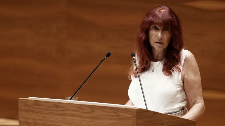 La portavoz de VOX, Maite Nosti durante su intervención en la sesión de investidura de la candidata a presidir Navarra, María Chivite quien cuenta con los apoyos de PSN, Geroa Bai y Contigo-Zurekin, por lo que necesitará de una nueva votación el martes para ser elegida por mayoría simple. EFE/ Jesus Diges