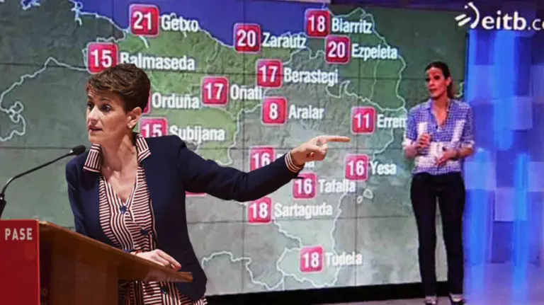 Fotomontaje de María Chivite sobre un mapa del tiempo de la ETB.