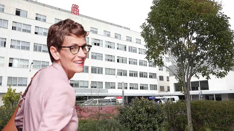 Fotomontaje de la María Chivite ante el edificio del hospital Virgen del Camino de Pamplona.