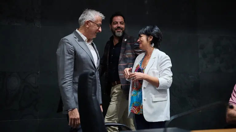 Laura Aznal, de EH Bildu habla con el vicepresidente Félix Taberna junto a Ramón Alzórriz minutos antes de comenzar el pleno del Parlamento. PABLO LASAOSA