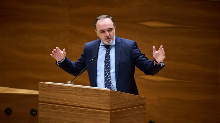 Javier Esparza, de UPN, en su intervención en el pleno del Parlamento. PABLO LASOASA