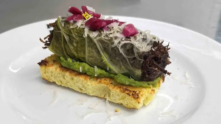 Ancestros, el pincho con el que el navarro Iban Garín participa en el  XV Concurso de Pinchos y Tapas Medievales.