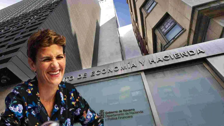 Fotomontaje de María Chivite ante la Sede del Departamento de Economía y Hacienda del Gobierno de Navarra.