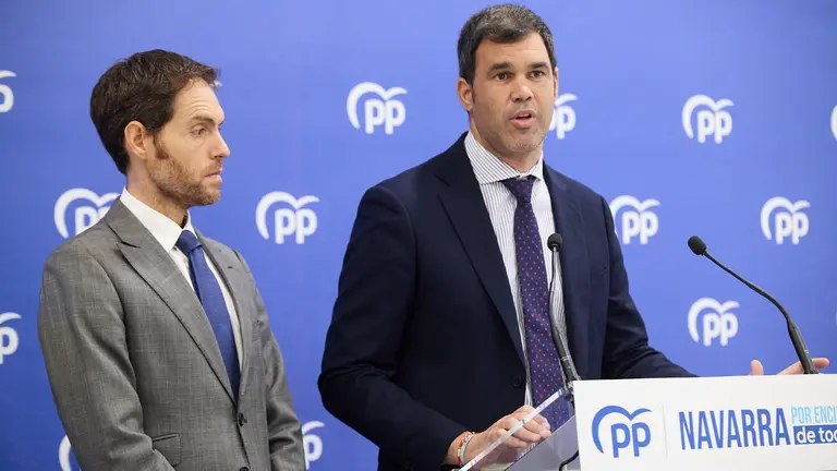 El presidente del PP de Navarra, Javier García, y el diputado por Navarra, Sergio Sayas, ofrecen una rueda de prensa para mostrar el posicionamiento del partido en diferentes asuntos de actualidad. IÑIGO ALZUGARAY