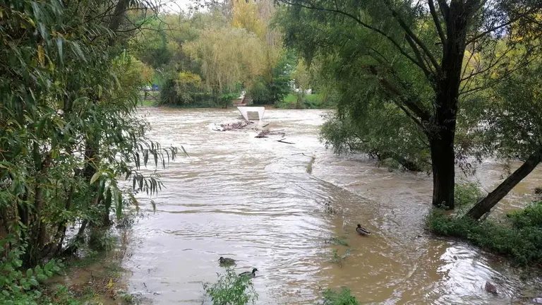 Imagen del río Arga a su paso por las pasarelas, que han sido cerradas. POLICÍA MUNICIPAL DE PAMPLONA