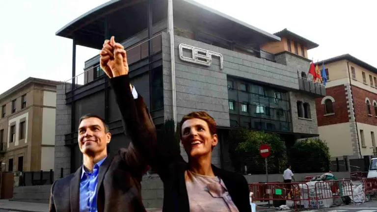 Fotomontaje de María Chivite y Pedro Sánchez ante la sede de la Confederación de Empresarios de Navarra.