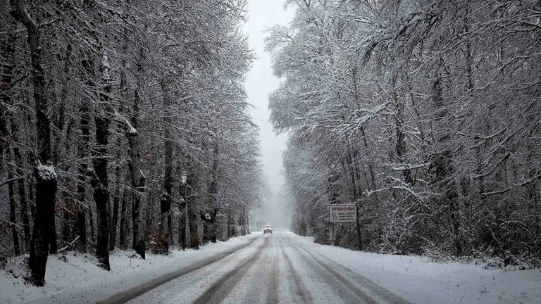 Un vehículo circula por la N135 hacia la localidad navarra de Roncesvalles bajo una intensa nevada, este sábado, en una jornada en la que la comunidad Foral y otras seis comunidades autónomas están en alerta amarilla por nevadas, lluvias, vientos fuertes y fenómenos costeros. EFE/ Villar López