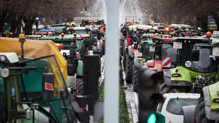 Agricultores durante una manifestación de tractores por el centro de Pamplona durante la tercera jornada de protestas de los ganaderos y agricultores para pedir mejoras en el sector, a 8 de febrero de 2024, en Pamplona, Navarra (España). Agricultores y ganaderos de toda España han sacado sus tractores a las carreteras por tercera jornada consecutiva para pedir mejoras en el sector, entre ellas exigir ayudas para afrontar las sequías que sufre el campo. Además, protestan contra las políticas europeas y su falta de rentabilidad.
08 FEBRERO 2024;TRACTORES;LOGROÑO;AGRICULTORES;GANADEROS
Eduardo Sanz / Europa Press
08/2/2024