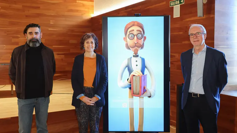 De izda. a dcha.: Carlos Fernández de Vigo, CEO de Professor Octopus AI_LAB; Rebeca Esnaola, consejera de Cultura, Deporte y Turismo; y  Joaquim Llansó, director del Servicio de Archivos y Patrimonio Documental, junto a 'Archivaldo'. GOBIERNO DE NAVARRA