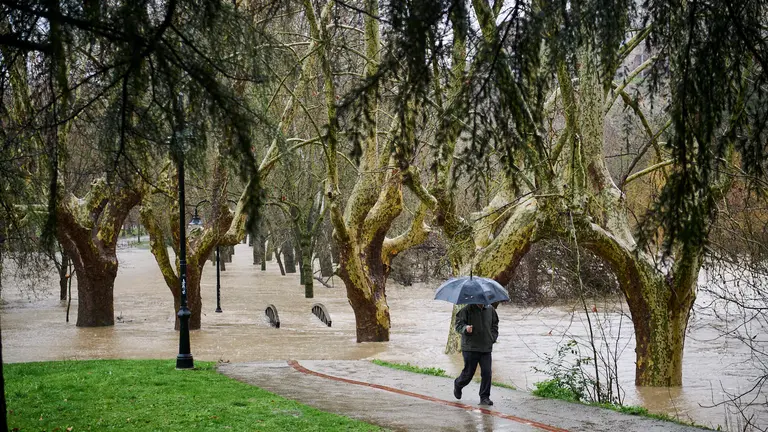 El río Arga se desborda a su paso por Pamplona. PABLO LASAOSA