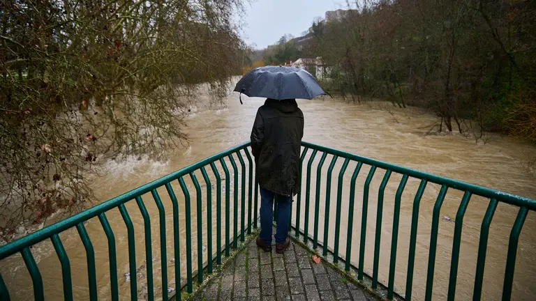 El río Arga se desborda a su paso por Pamplona. PABLO LASAOSA