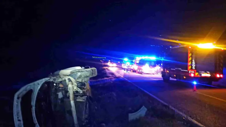 El vehículo en el que viajaban los heridos volcado en el arcén. BOMBEROS DE NAVARRA
