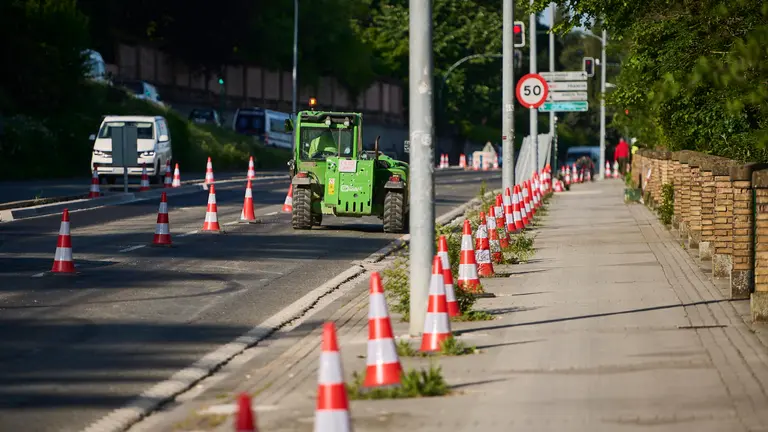 Obras del carril bici en la cuesta de Beloso, donde se han cortado 102 árboles tanto de la acera como de la ladera. PABLO LASAOSA