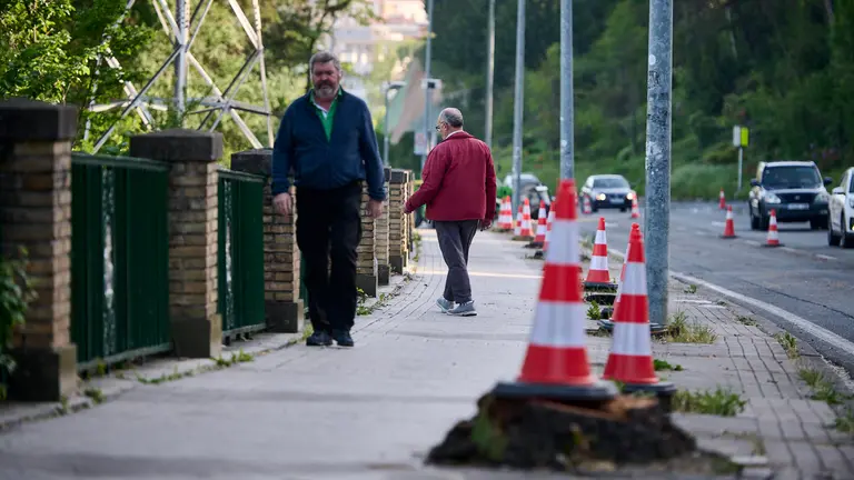 Obras del carril bici en la cuesta de Beloso, donde se han cortado 102 árboles tanto de la acera como de la ladera. PABLO LASAOSA