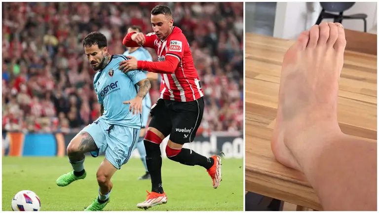 Rubén García durante el partido contra el Athletic Club en Bilbao, y su pie izquierdo tras el penalti no pitado.