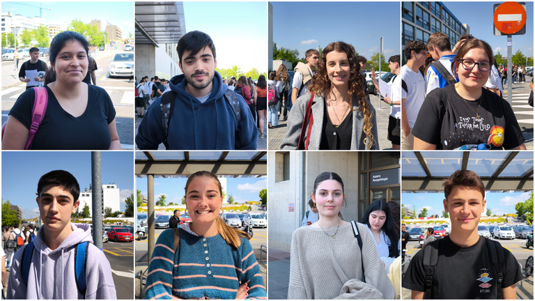 Los estudiantes que han completado la EvAU en Pamplona: (De izda. a dcha.) Adriana San Julián Sanz, Diego López Balagues, Nahia Santamaría Moreno, Zoe León Molina, Javier Quesada Ruiz, XX, Silvia Almagro Aranda y Guillermo Castilla García-Barberena. NAVARRA.COM
