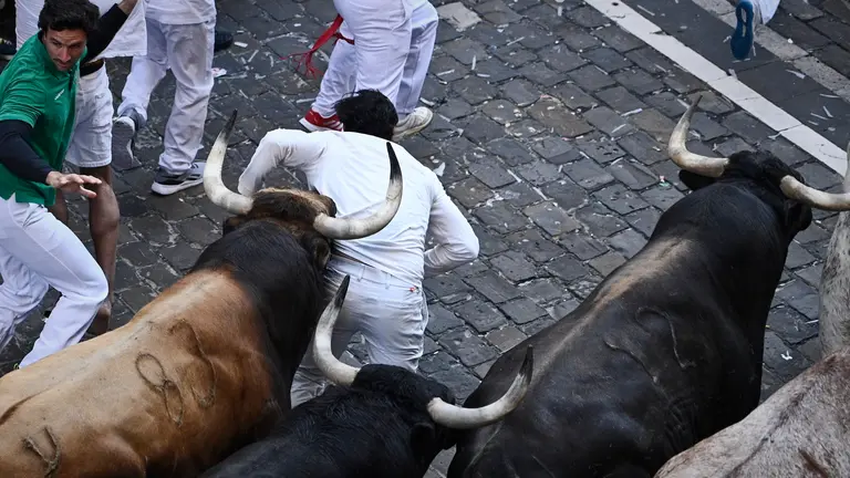 Primer encierro de las fiestas de San Fermín 2024 con toros de La Palmosilla en el Ayuntamiento. PABLO LASAOSA