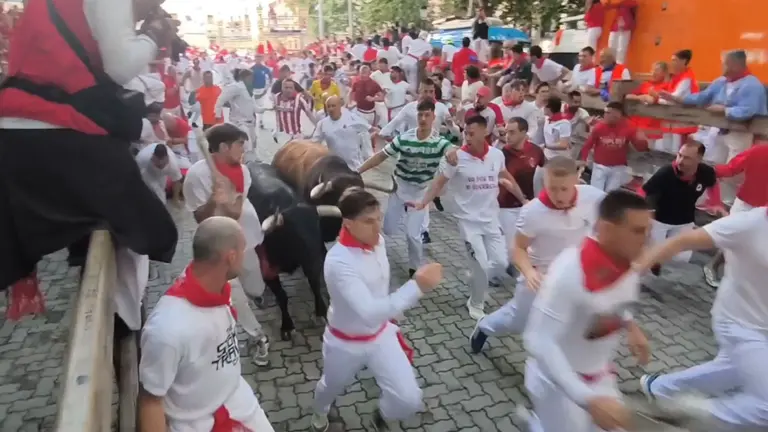 Un toro roza a varios mozos con sus cuernos en el segundo encierro de San Fermín con Cebada Gago. NAVARRA.COM