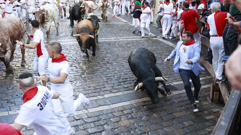 Un mozo cae sobre un toro en el segundo encierro de San Fermín 2024 con toros de Cebada Gago en la curva de Mercaderes. MIGUEL FERNÁNDEZ / KUKUXUMUSU