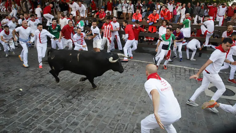 Segundo encierro de las fiestas de San Fermín 2024 con toros de Cebada Gago en el tramo de telefónica. HECTOR NAVARRO