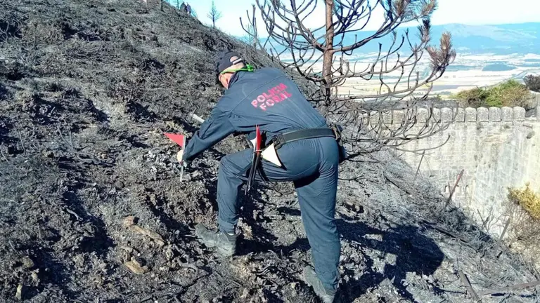 Un agente de la Policía Foral recoge muestras en los restos del incendio del Fuerte de San Cristóbal. POLICÍA FORAL