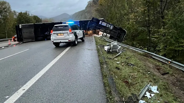 Imagen del camión accidentado en la Autovía de Leizarán. GUARDIA CIVIL