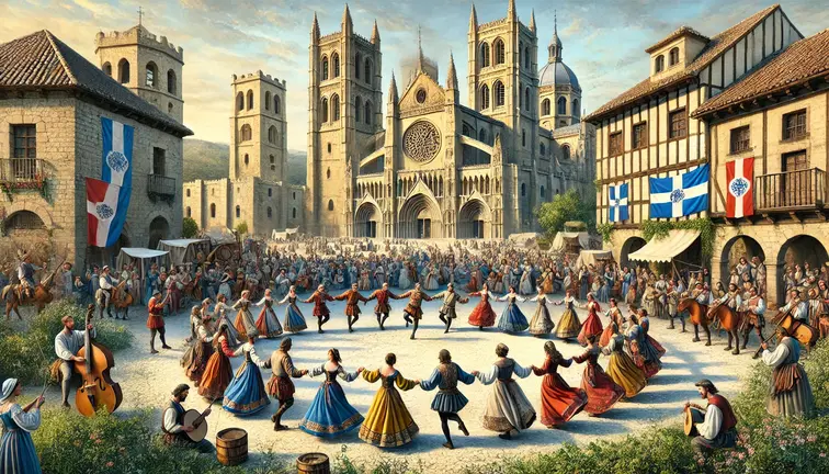 Imagen generada por inteligencia artificial de población medieval bailando en una fiesta.