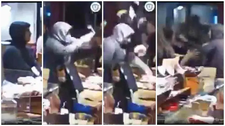 Cuatro fotogramas de la cámara de seguridad que captó al marroquí en plena agresión al personal y el mobiliario de una cafetería en Pamplona.