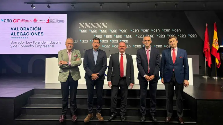 José Ramón Lacosta, presidente de Institución Futuro; Iñaki Ecay, presidente de ADEFAN; Helmut Döllerer, vicepresidente  de CEN; Fernando San Miguel, responsable de Estudios de Cámara Navarra; Iñigo Eugui, presidente del Cluster iCONS. CEDIDA