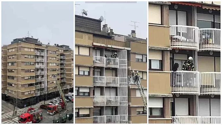Los bomberos de Cordovilla actúan sobre el balcón incendiado este miércoles en Pamplona. CEDIDA