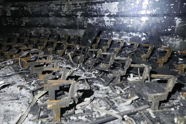 Estado en el que ha quedado el edificio de el Planetario de Pamplona tras el incendio declarado el martes 14 de enero en la sala principal. GN