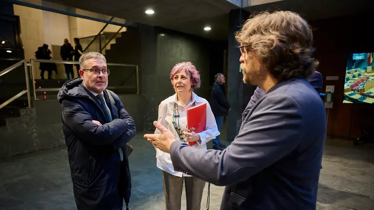 El nuevo consejero de Universidad, Juan Luis Garc&iacute;a junto a la consejera de Cultura Rebeca Esnaola y el parlamentario de Contigo Navarra Daniel L&oacute;pez C&oacute;rdoba minutos antes de comenzar el pleno del Parlamento. PABLO LASAOSA