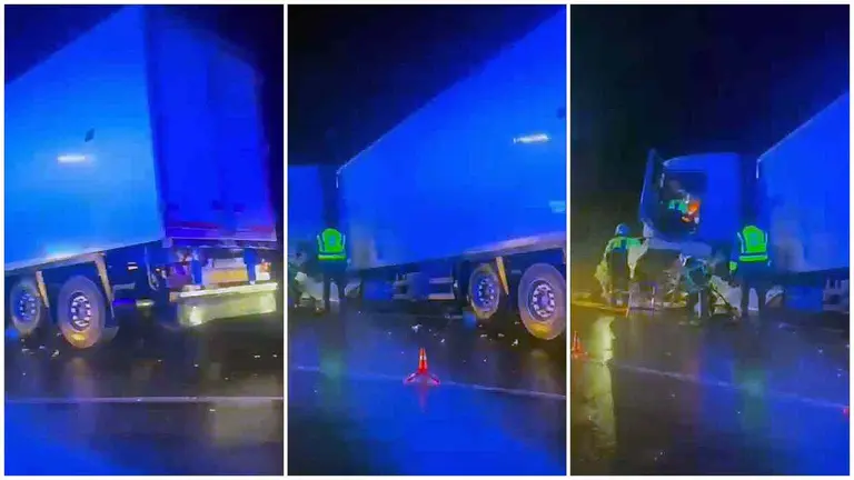 Tres imágenes del camión accidentado en la N-121. GUARDIA CIVIL