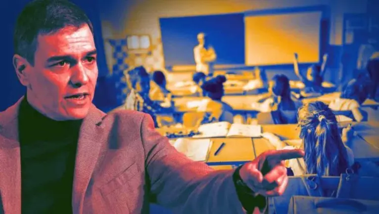 Fotomontaje de Pedro Sánchez sobre la imagen de un aula de colegio con profesor y alumnos. OK DIARIO